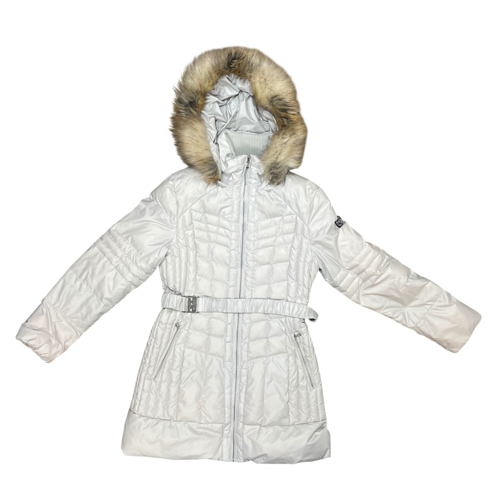 Guess Womens Puffer Parka Jacket Pale Gray Down Fill Belted Faux Fur Hood Medium